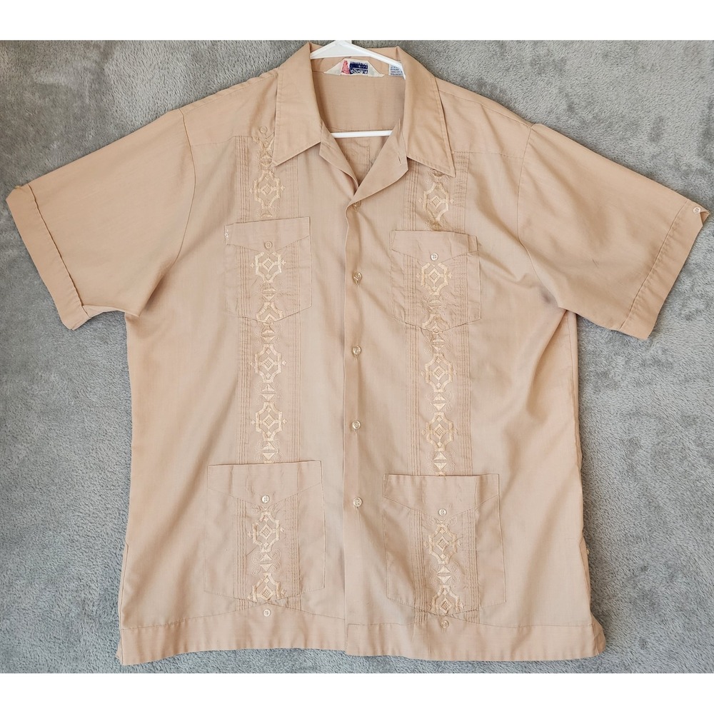 Romani Collection Shirt Mens XL Tan‎ Guayabera Short Sleeve Embroidered Vintage